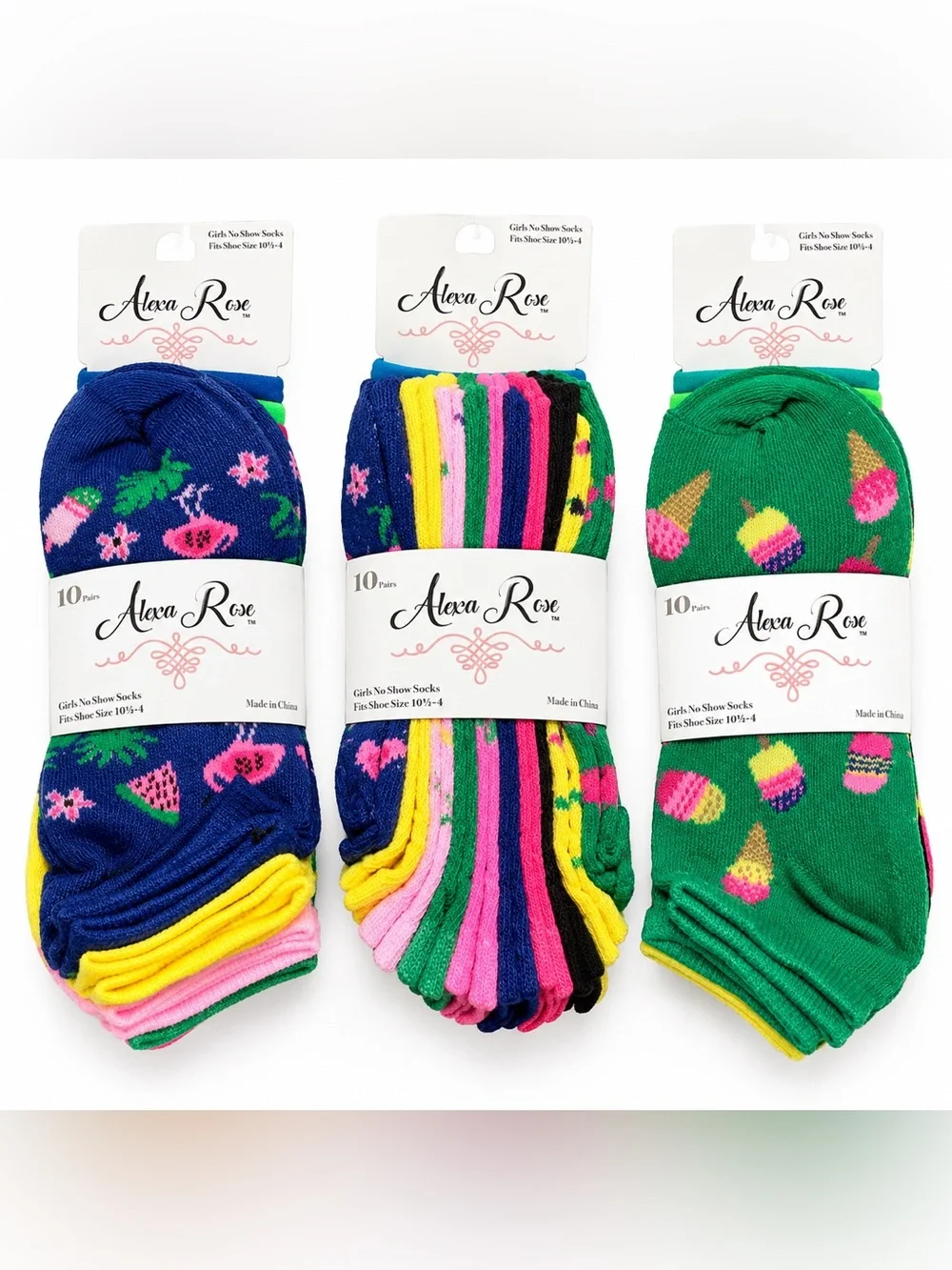 NWT [Alexa Rose] 10x Pairs No-Show Socks Girls Sz 10.5 - 4 + 3x Hair Elastics